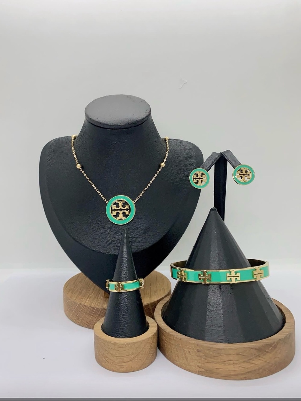 Gold-Tone Necklace, Bracelet, Earrings & Ring with Green Enamel Logo